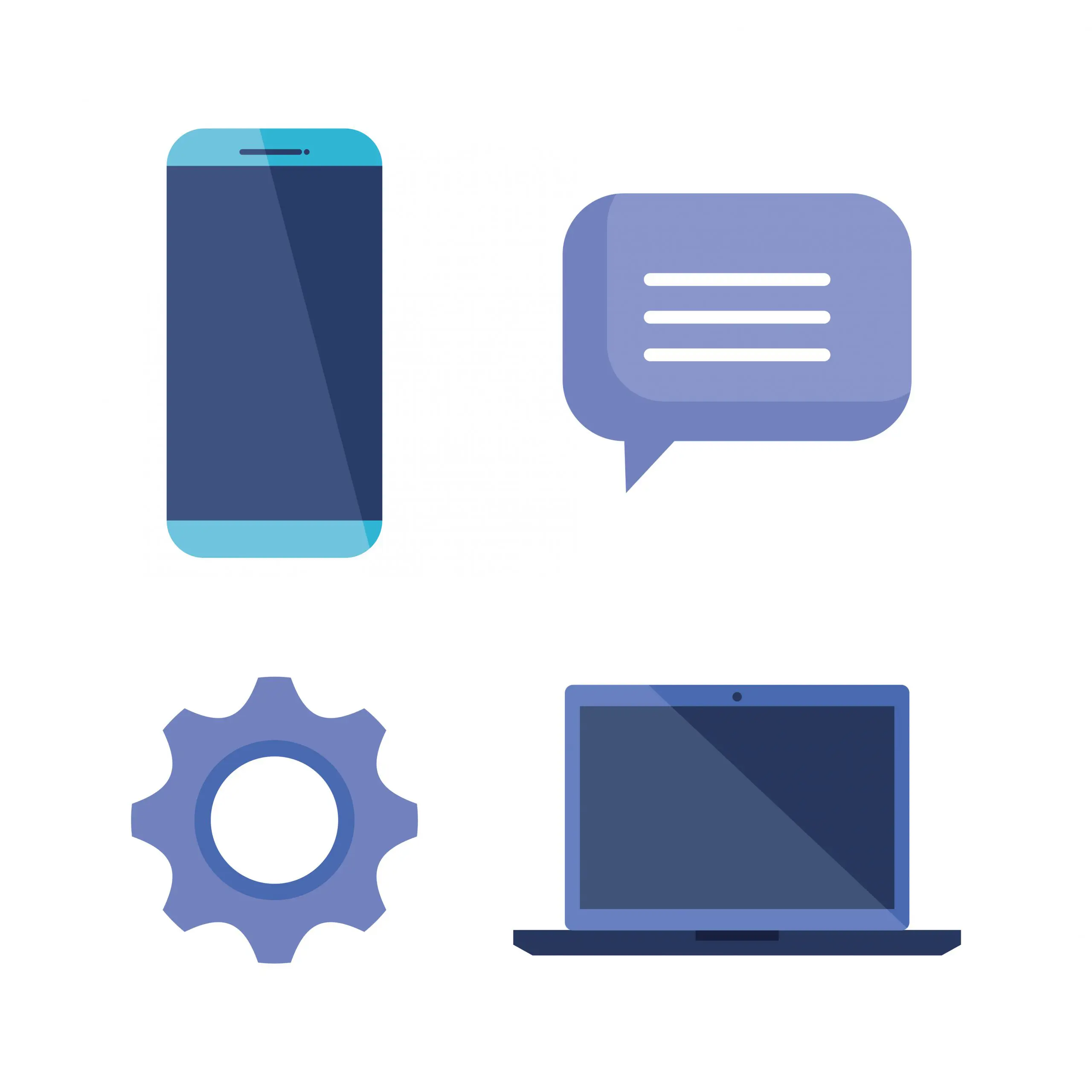 set of smartphone technology with chat bubble and gear with laptop